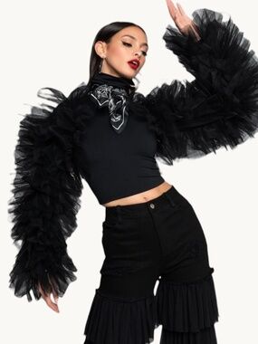Akira Black Daring Tulle Ruffle Long Sleeve Top